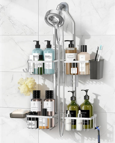 MSAICOE adjustable shower caddy over head keeps toiletries within easy reach.