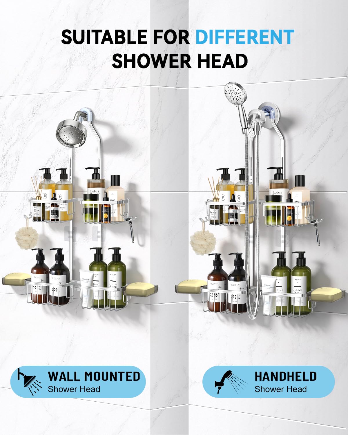 MSAICOE aluminum shower rack with 4 baskets keeps supplies organized and accessible.