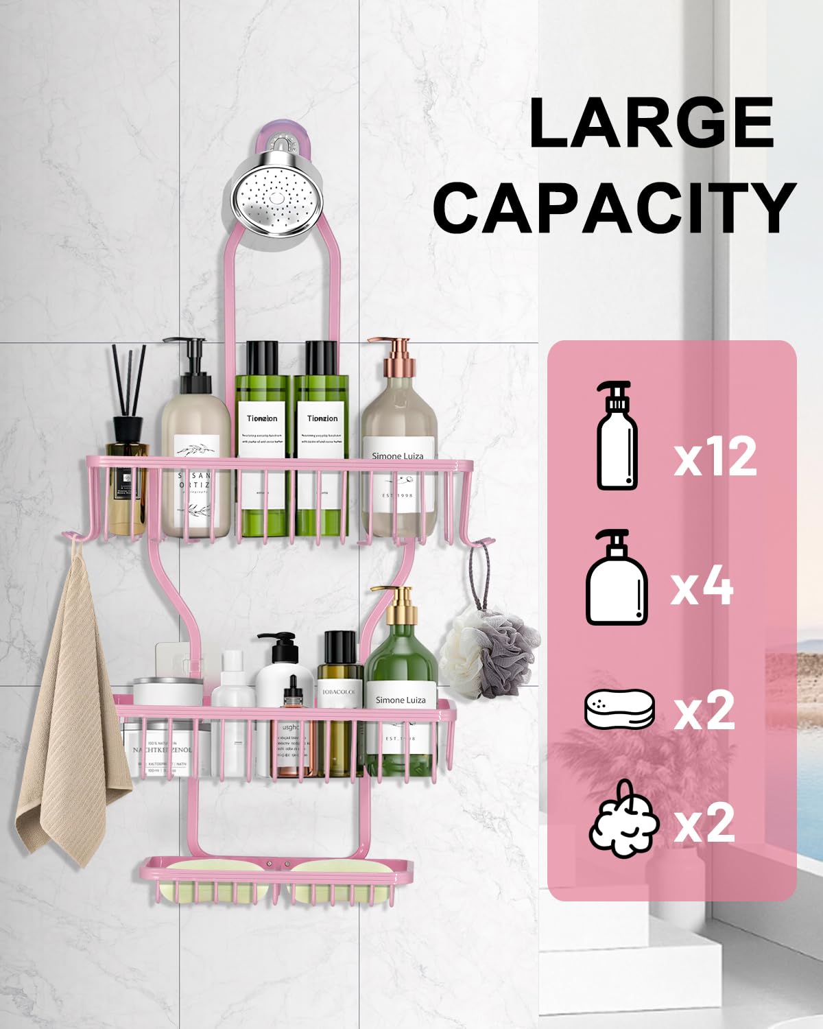 MSAICOE pink shower caddy dimensions image helps plan fit for large shower heads