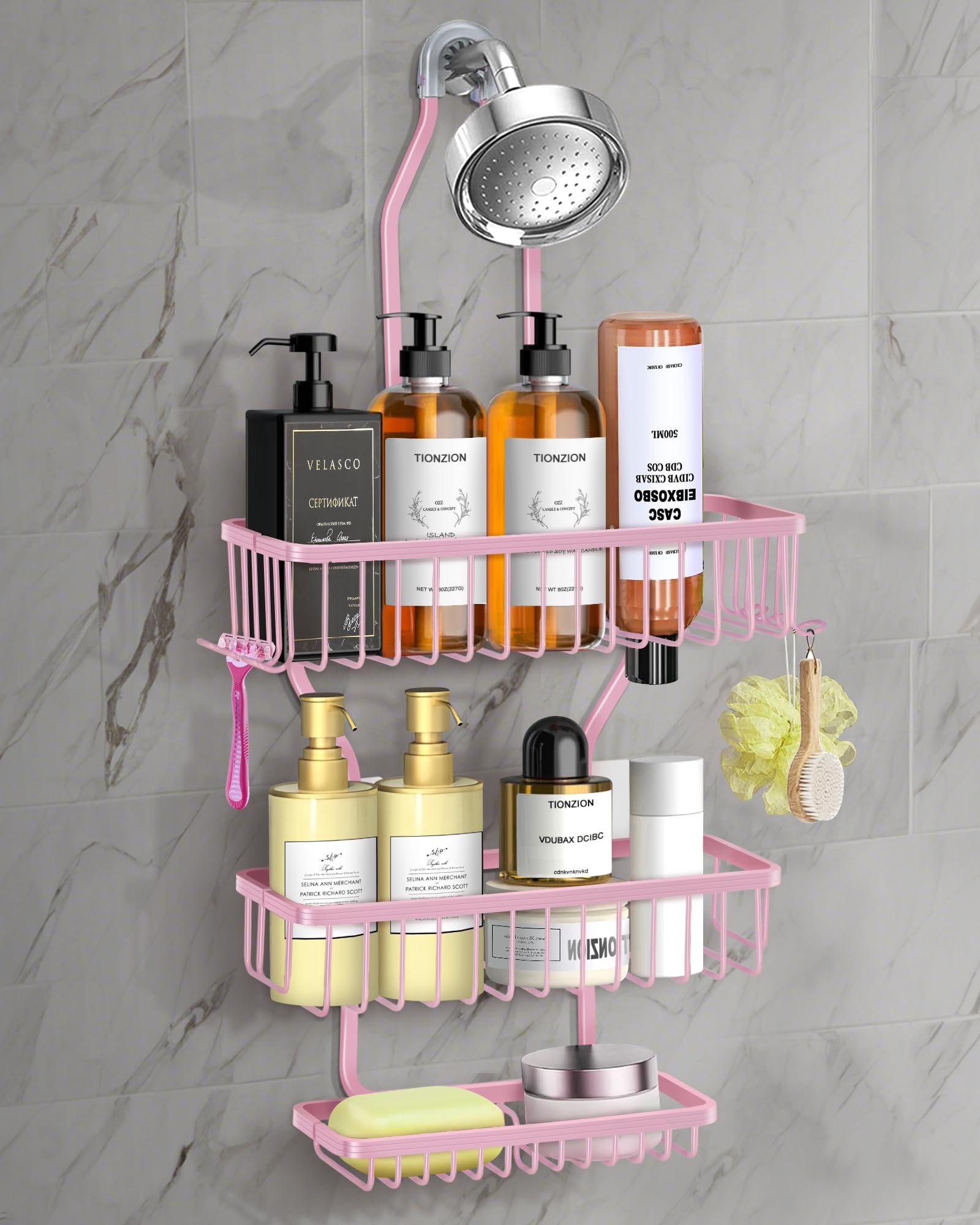 MSAICOE pink shower caddy overhead view shows four baskets for organized bathroom essentials