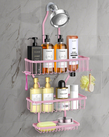 MSAICOE pink shower caddy overhead view shows four baskets for organized bathroom essentials