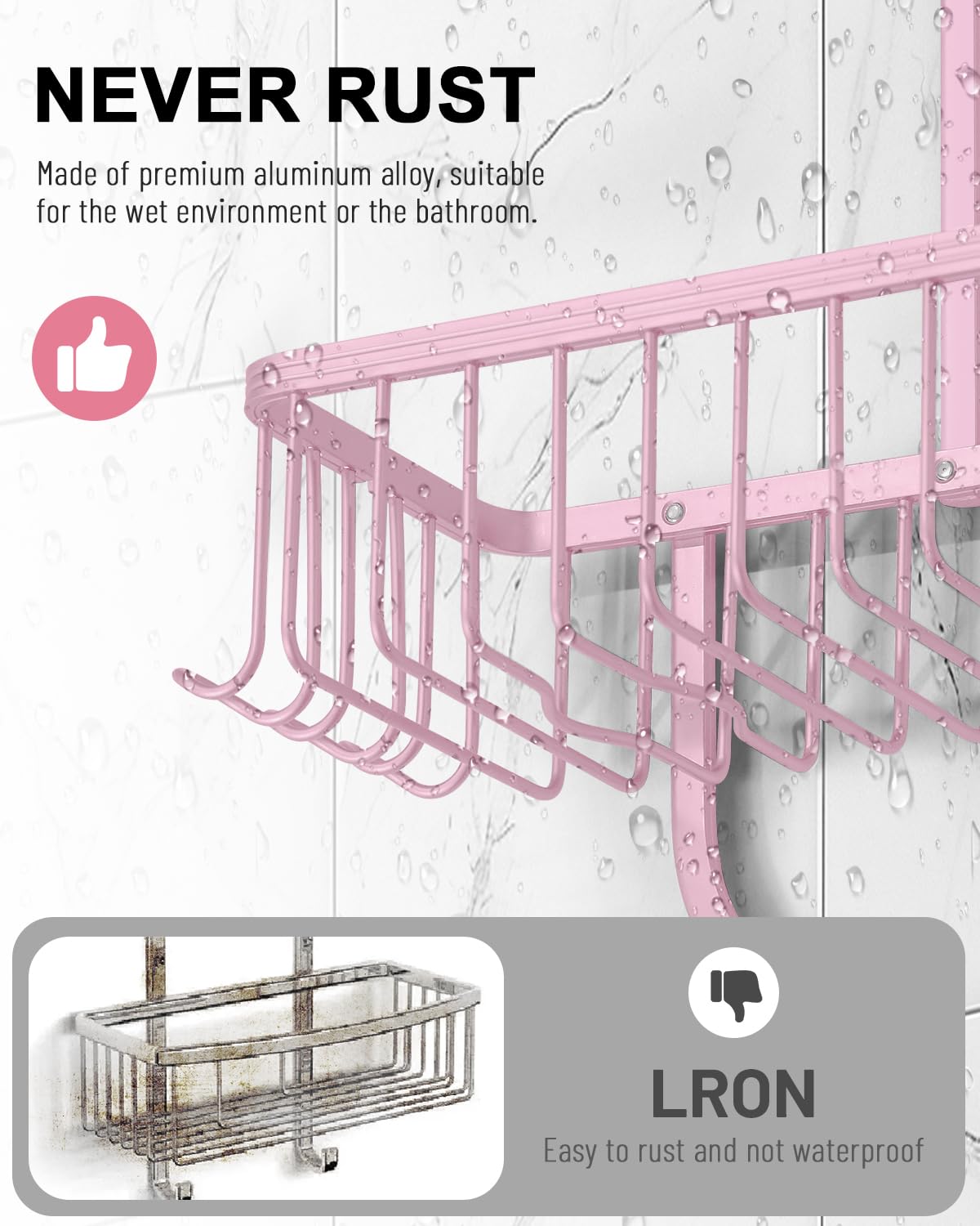 MSAICOE pink shower caddy side view emphasizes sturdy aluminum construction for wet environments