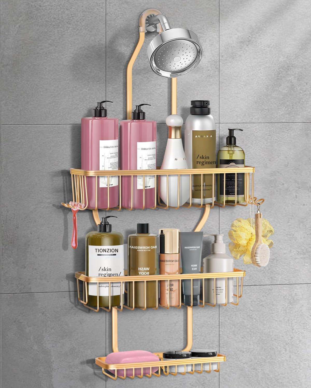 MSAICOE shower caddy over showerhead in gold keeps toiletries within easy reach