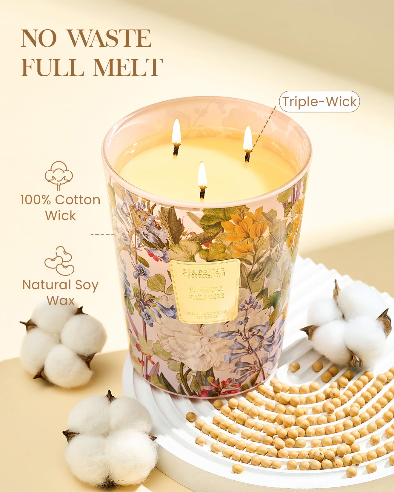 M&amp;SENSE 3-wick candle demonstrating strong scent throw for larger spaces.