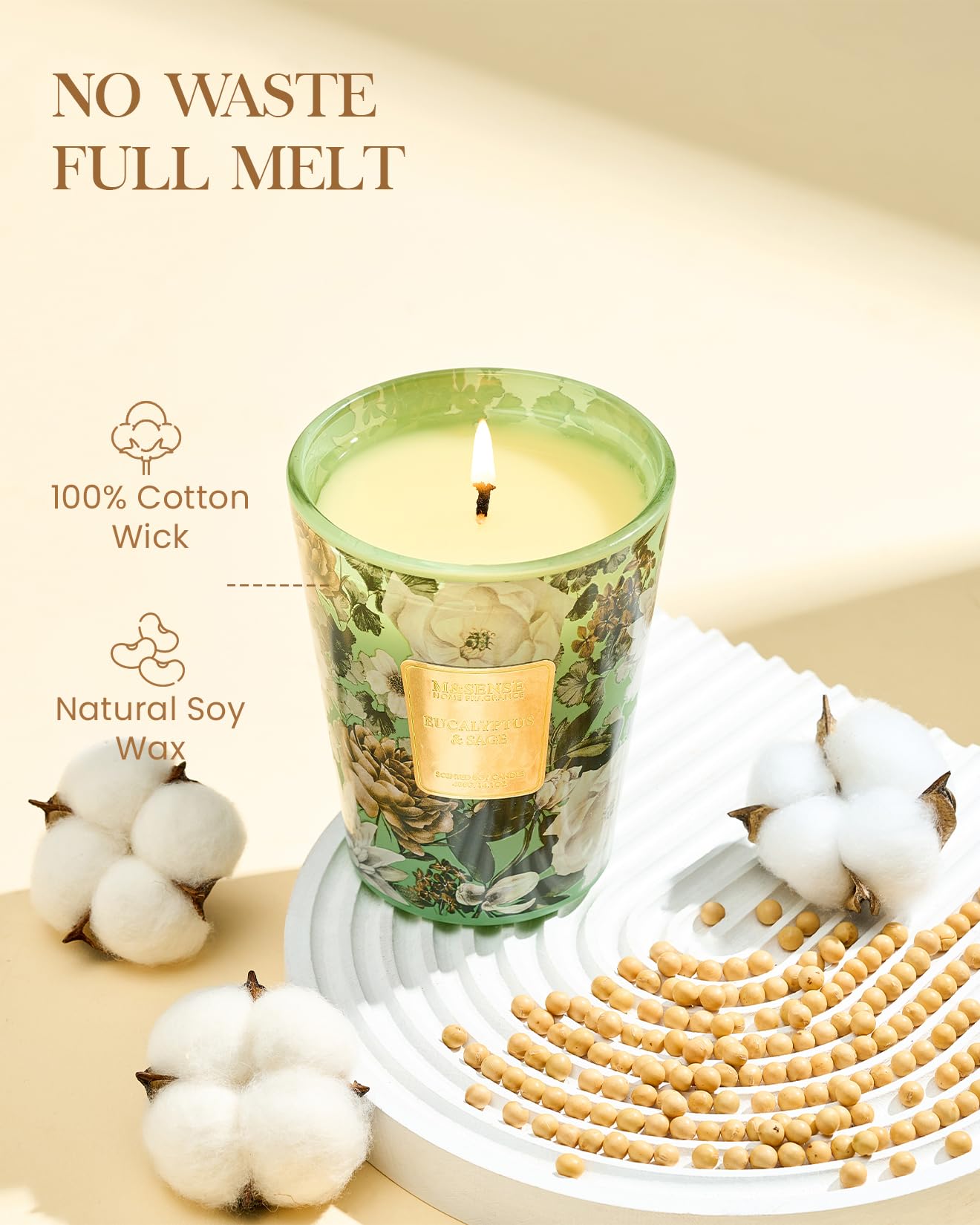 Msense 35oz soy-palm wax close-up highlighting slow burn and rich aroma.