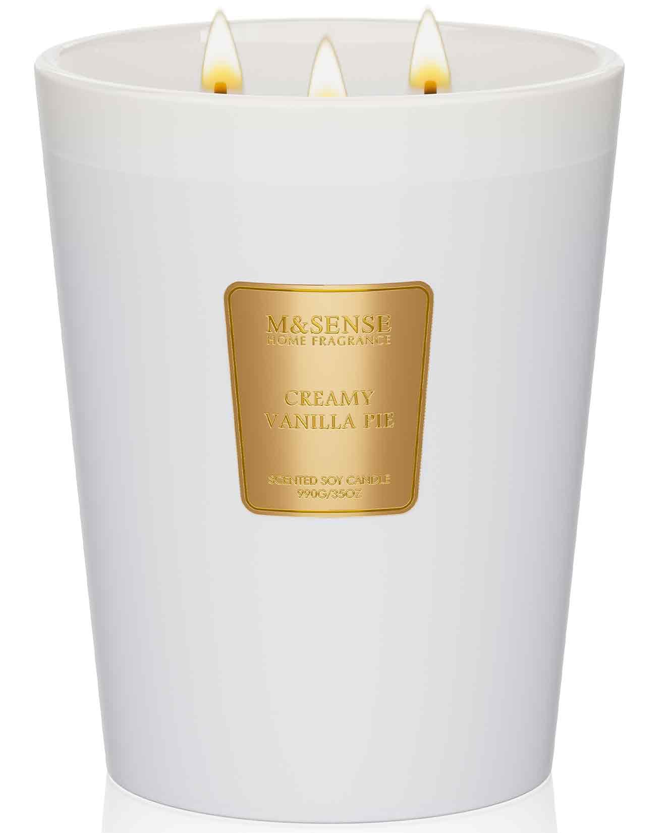M SENSE Creamy Vanilla candle with 3-wick burn for large rooms and even scent diffusion
