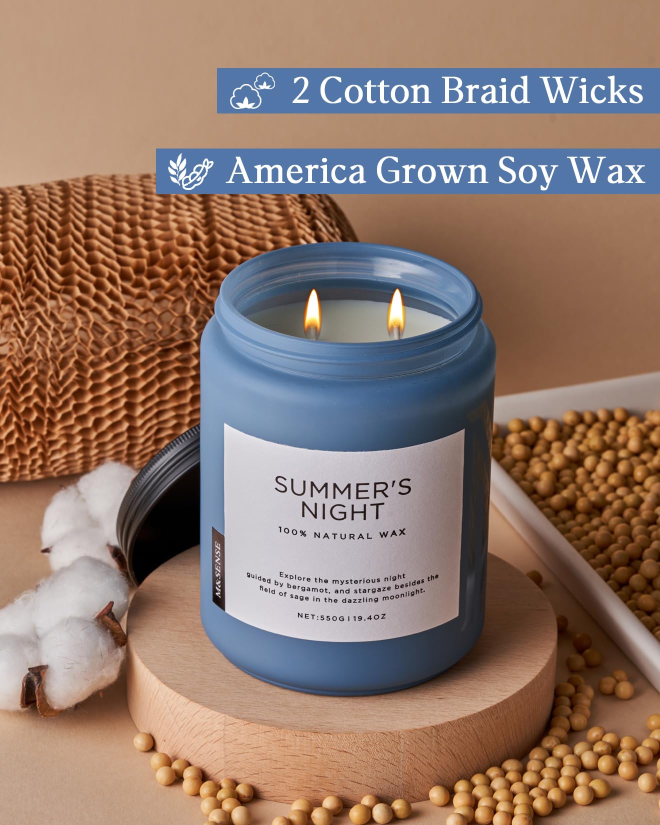 MSENSE candle with double cotton wicks for steady burn and reduced soot.