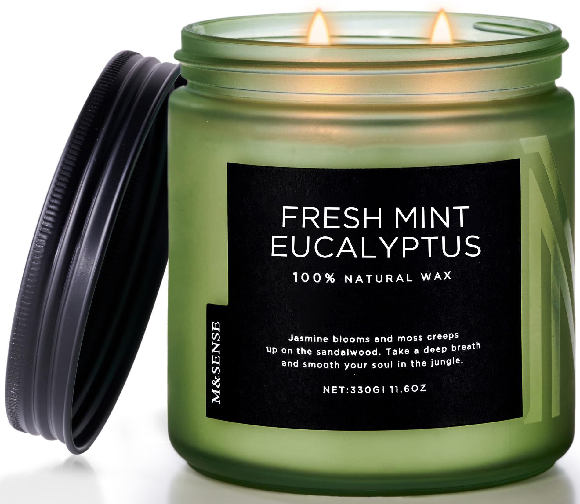 M&SENSE eucalyptus mint candle in glass jar creates a refreshing home ambiance.