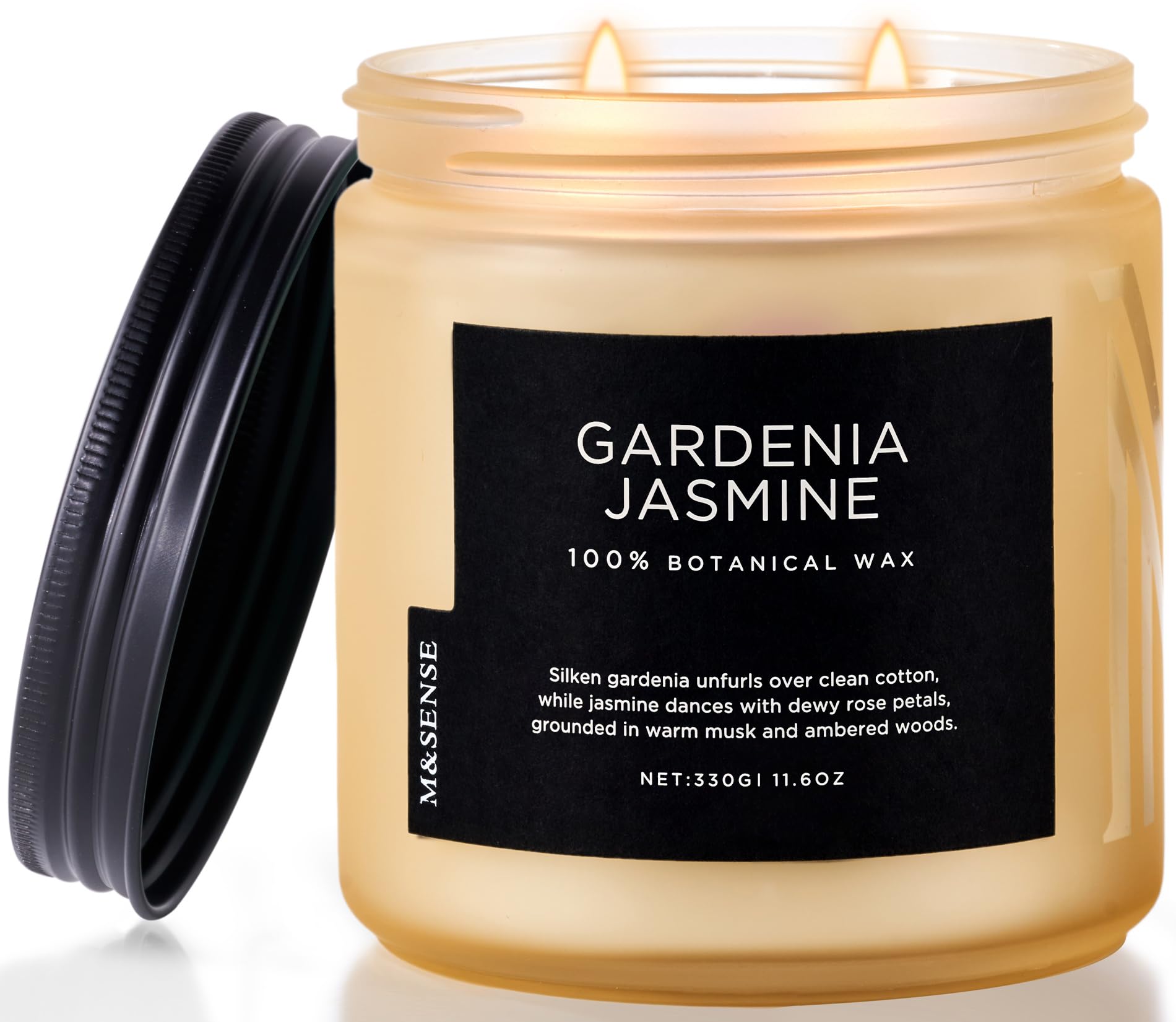 M&SENSE Gardenia Jasmine candle jar close-up with two wicks for clean, even burn and soft fragrance.