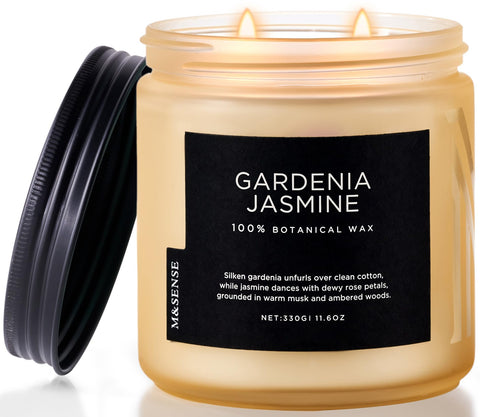 M&SENSE Gardenia Jasmine candle jar close-up with two wicks for clean, even burn and soft fragrance.