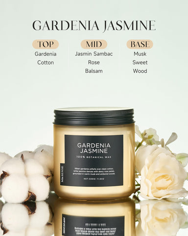 M&SENSE Gardenia Jasmine candle packaging in recycled box highlights sustainability and gifting appeal.