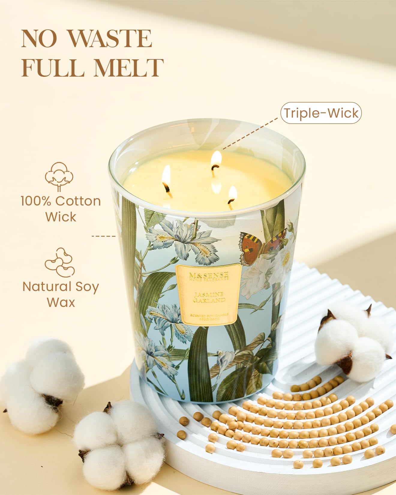 M&SENSE Jasmine candle jar features a gold sticker for luxurious aesthetics.