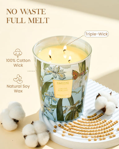 M&SENSE Jasmine candle jar features a gold sticker for luxurious aesthetics.
