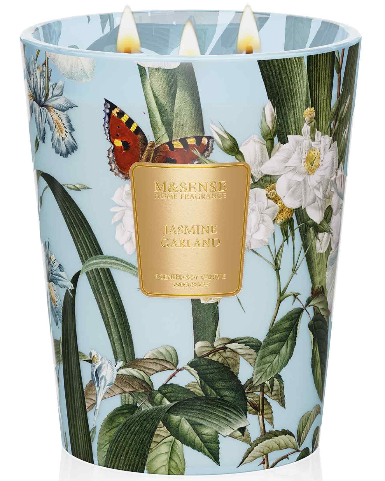 M&SENSE Jasmine candle jar with 3-wick design for long-lasting fragrance.