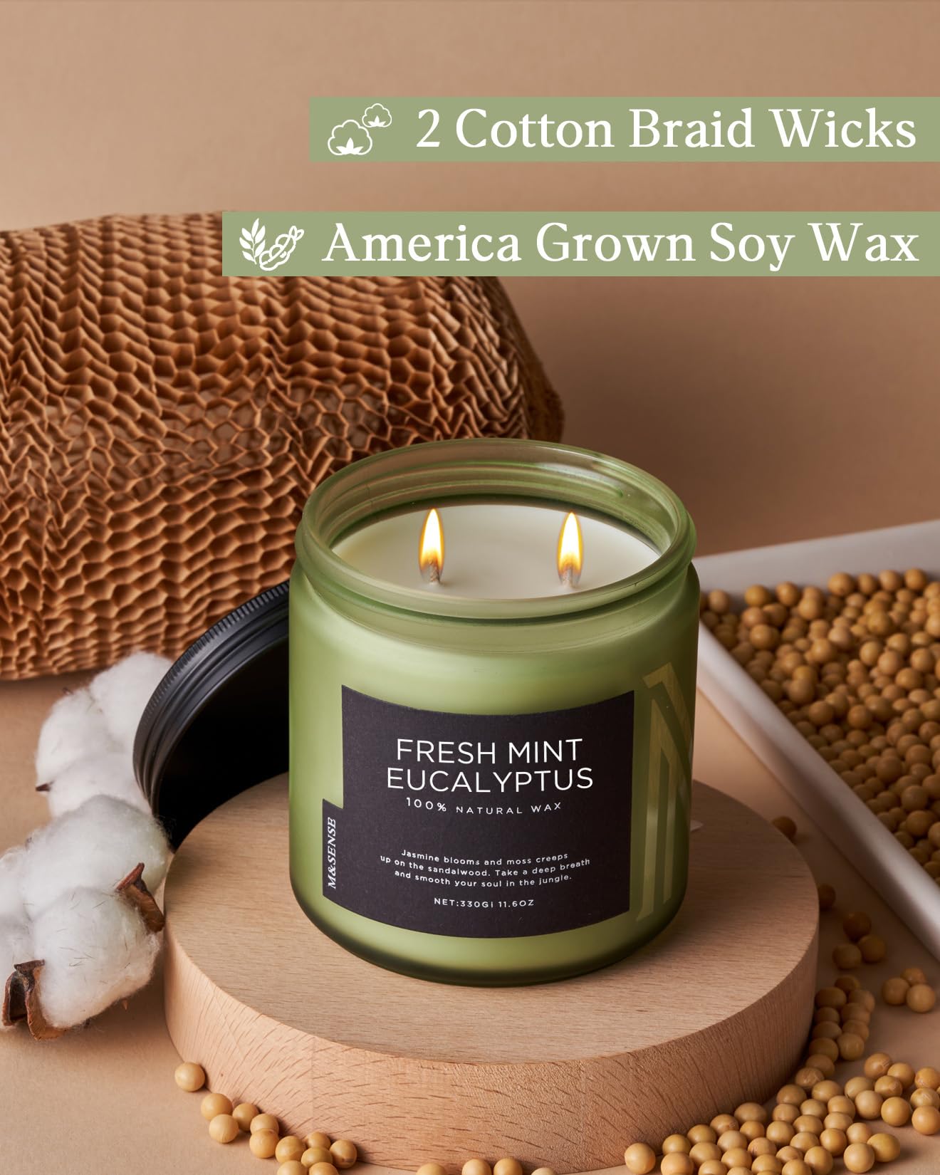 M&SENSE candle with lead-free wicks delivers even burn with reduced soot.