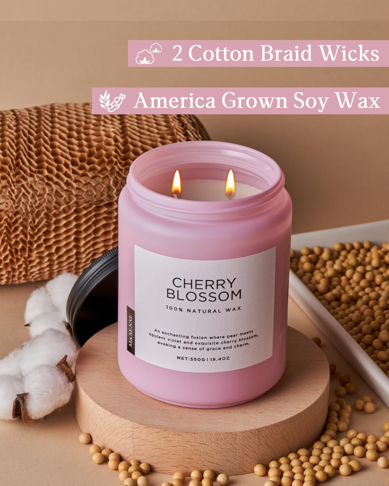 M&SENSE lead-free wicks close-up, ensures even burn and reduced soot.
