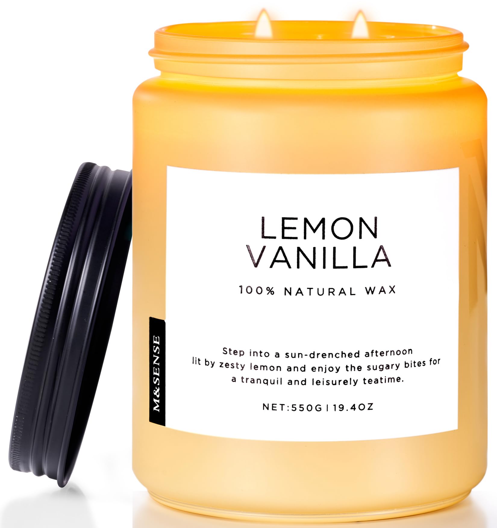 M&SENSE lemon vanilla candle in a reusable glass jar for lasting fragrance