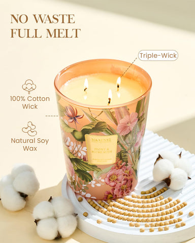 M&SENSE 3-wick candle shown burning evenly to enhance scent throw in large rooms.