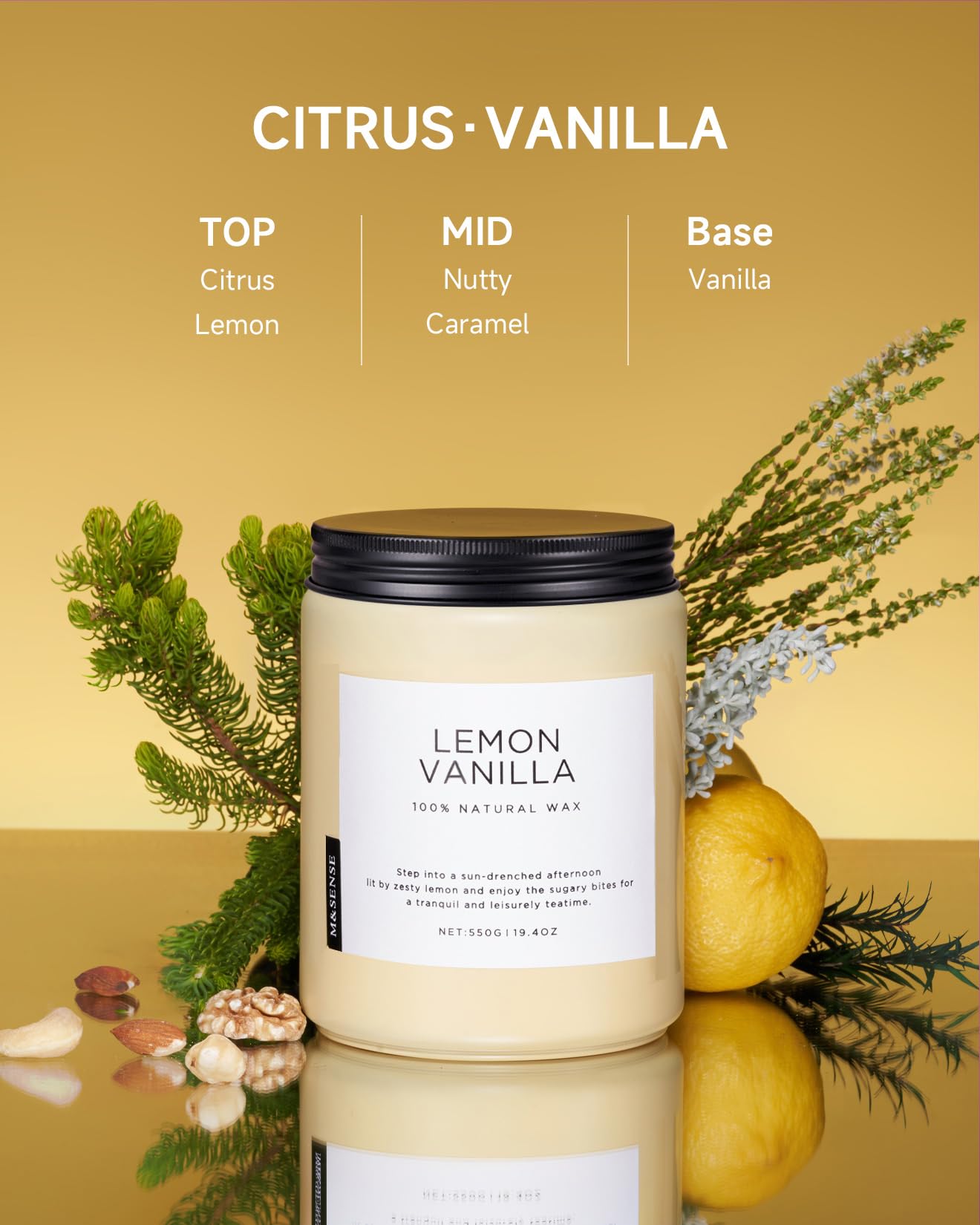 Close-up of M&SENSE organic soy wax for clean burn