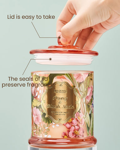 M&SENSE Peony Blush candle side view showing premium craftsmanship