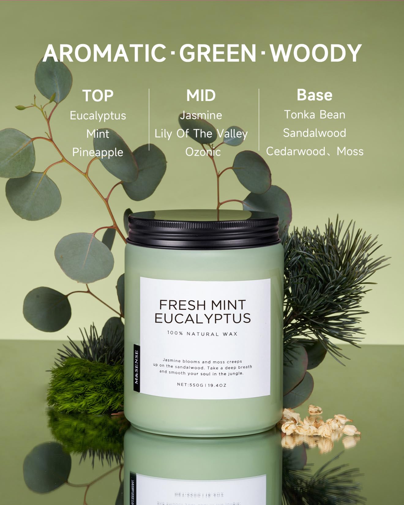 M&SENSE soy wax formula; plant-based clean burn for homes