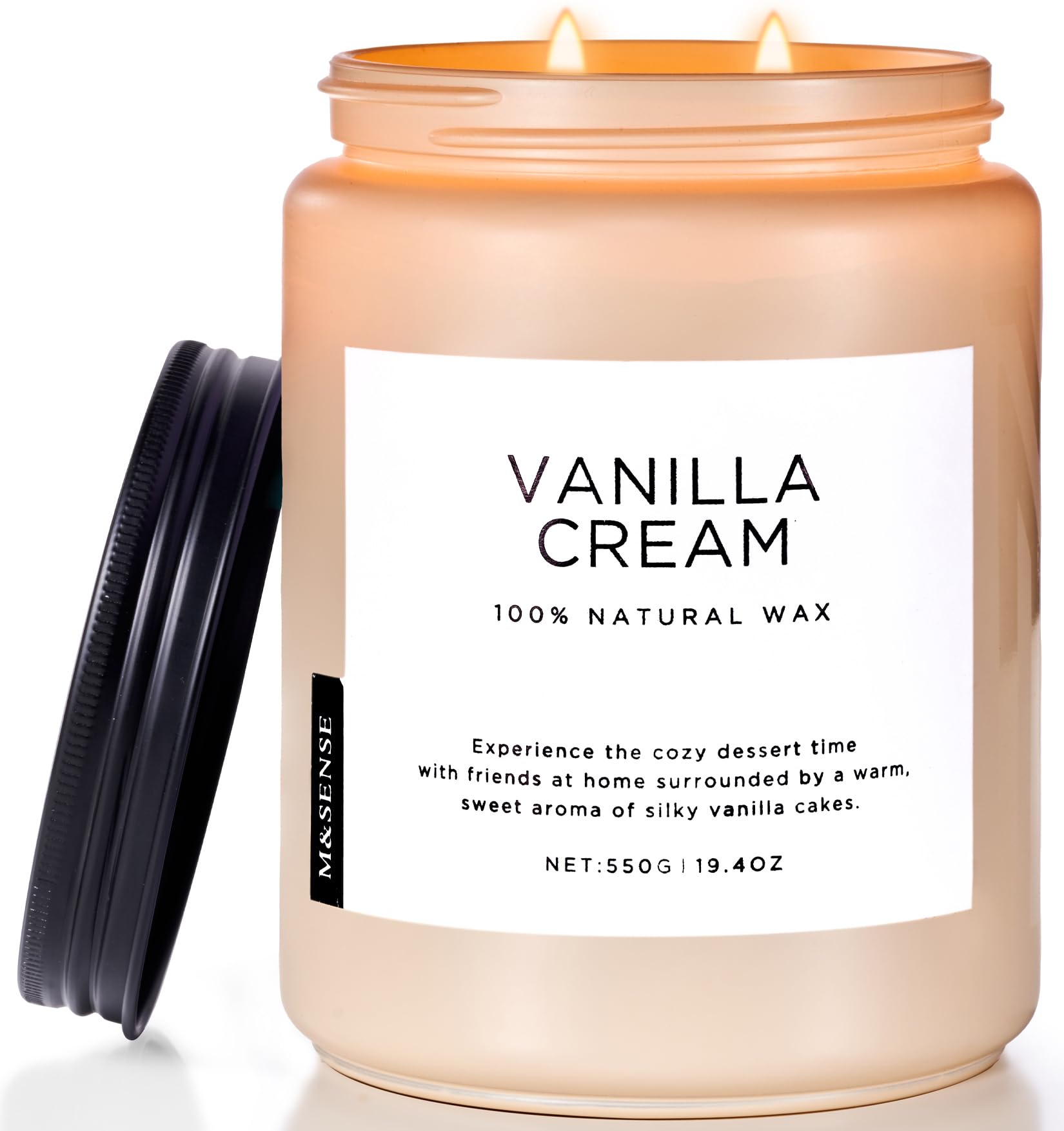 M&SENSE vanilla candle jar glows warmly for cozy living spaces.