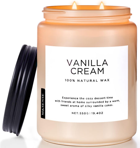 M&SENSE vanilla candle jar glows warmly for cozy living spaces.