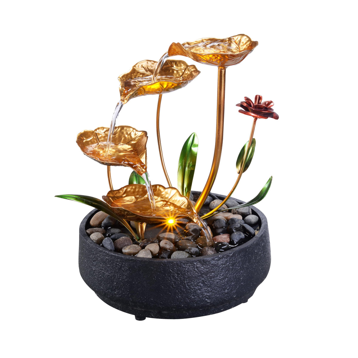 MSEONWXI tabletop fountain front view showcases a golden lotus centerpiece for tranquil decor.