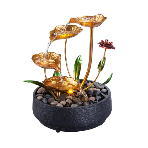 MSEONWXI tabletop fountain front view showcases a golden lotus centerpiece for tranquil decor.