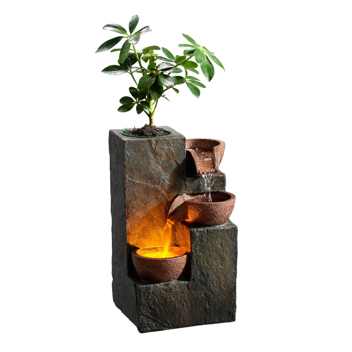 MSEONWXI Three Bowls Rock Fountain with cascading water for desk or shelf ambiance