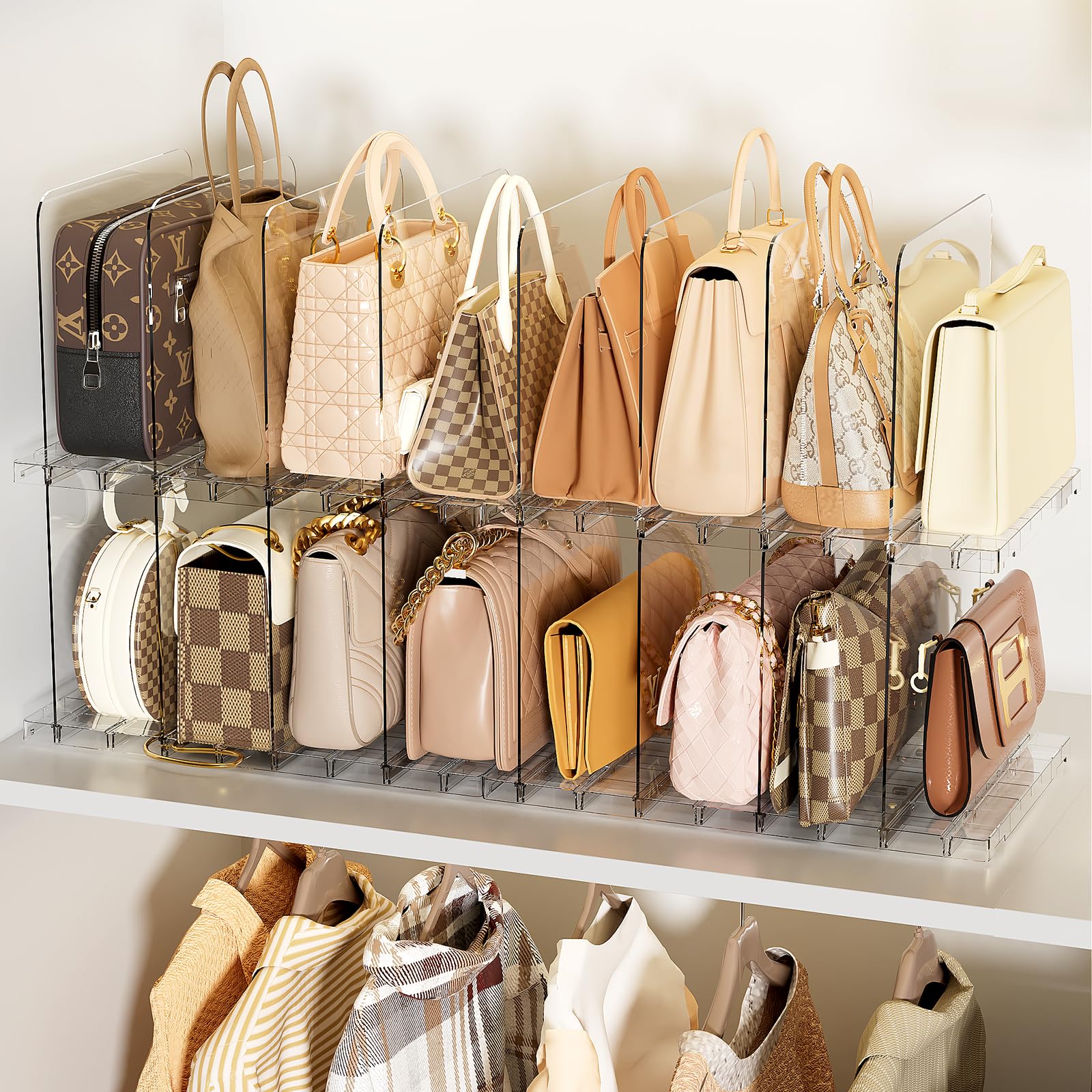 MSHOMELY stackable purse organizer front view shows upright bags for quick access