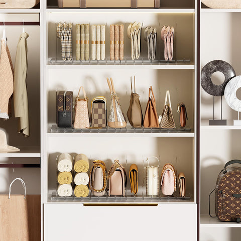 MSHOMELY stackable purse organizer on closet shelf keeps purses neatly separated