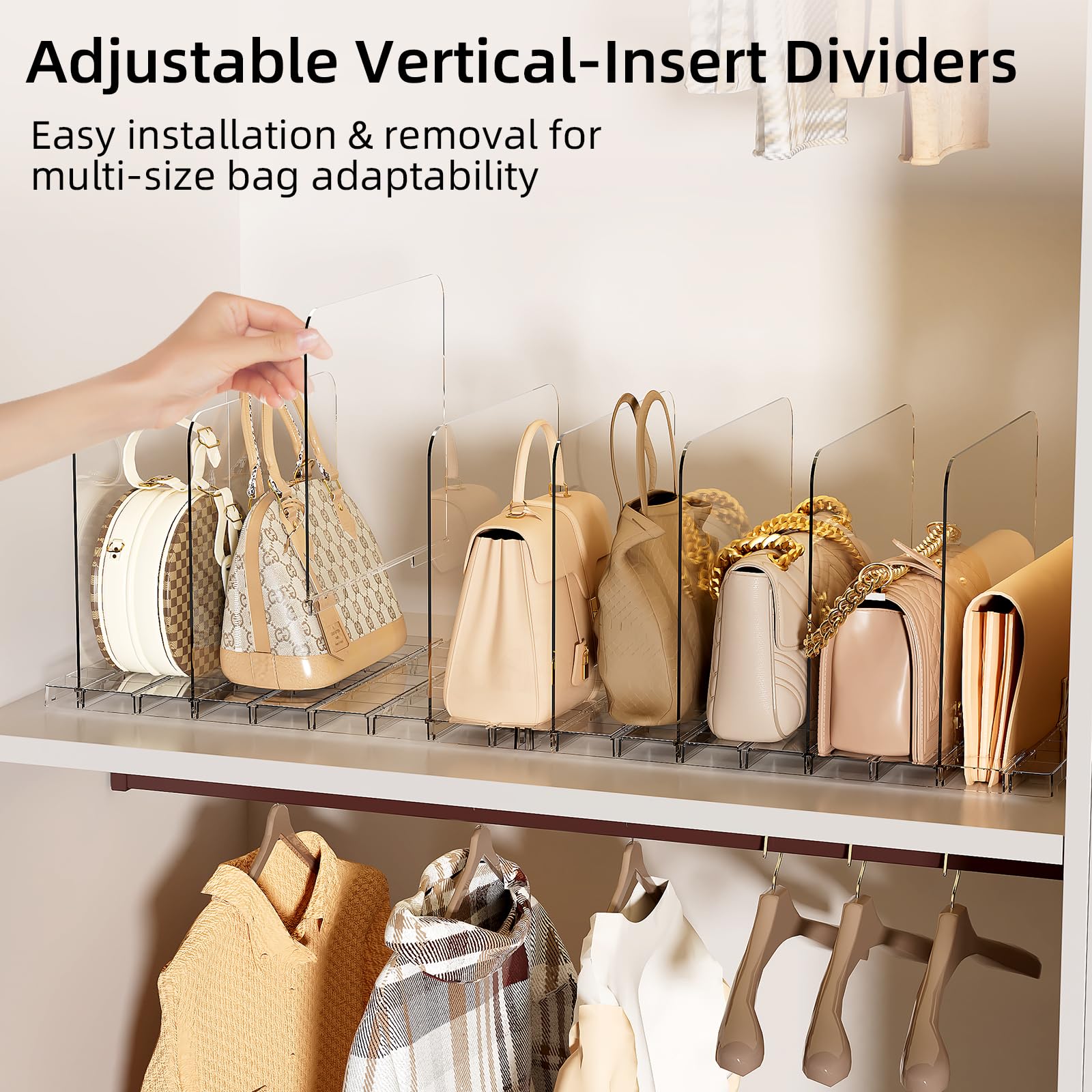 MSHOMELY stackable purse organizer side view highlights sturdy dividers preserving bag shapes