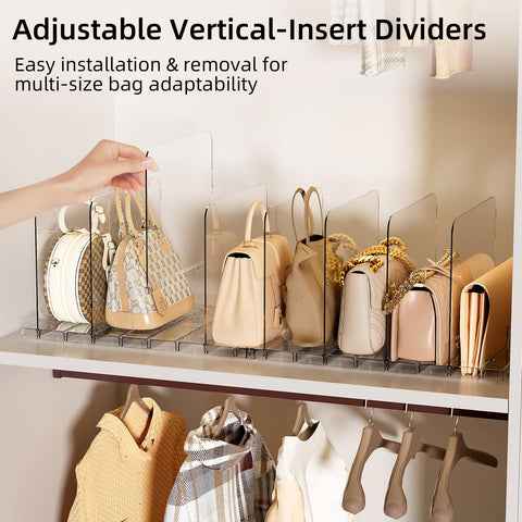 MSHOMELY stackable purse organizer side view highlights sturdy dividers preserving bag shapes