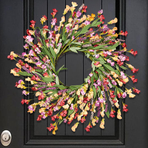 MSMUH 24-Inch Spring Wreath on front door showing lifelike wildflowers and berries for curb appeal