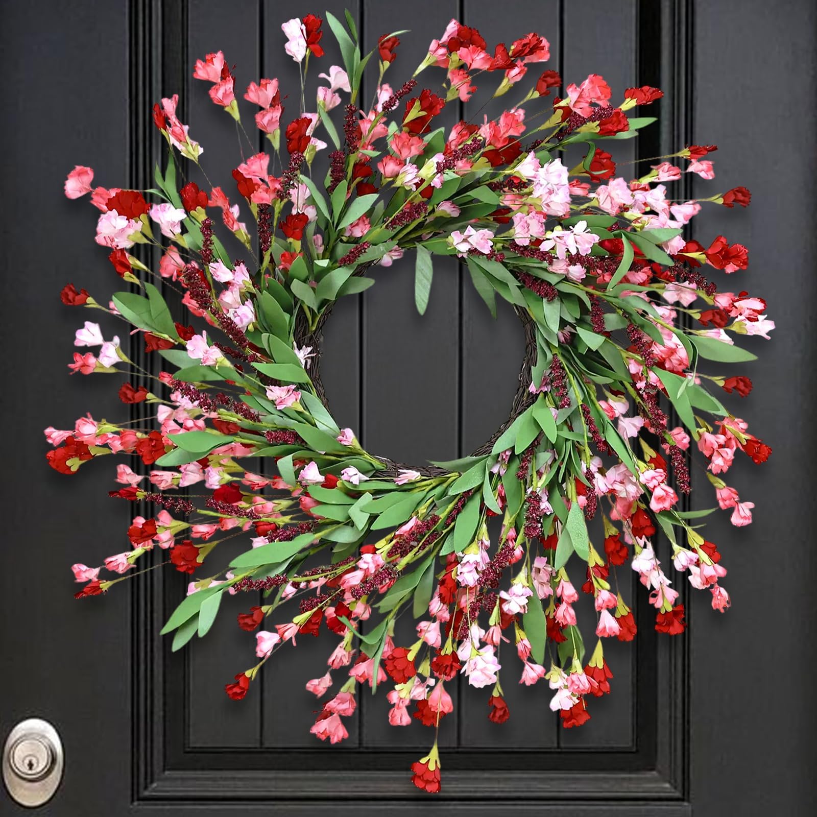 MSMUH 24-inch spring wreath front door close-up with berries and wildflowers for curb appeal