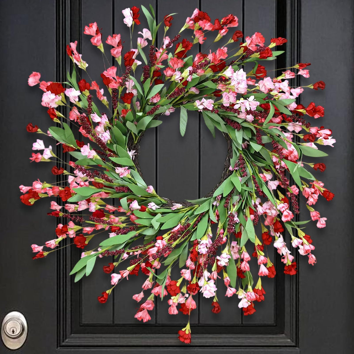 MSMUH 24-inch spring wreath front door close-up with berries and wildflowers for curb appeal