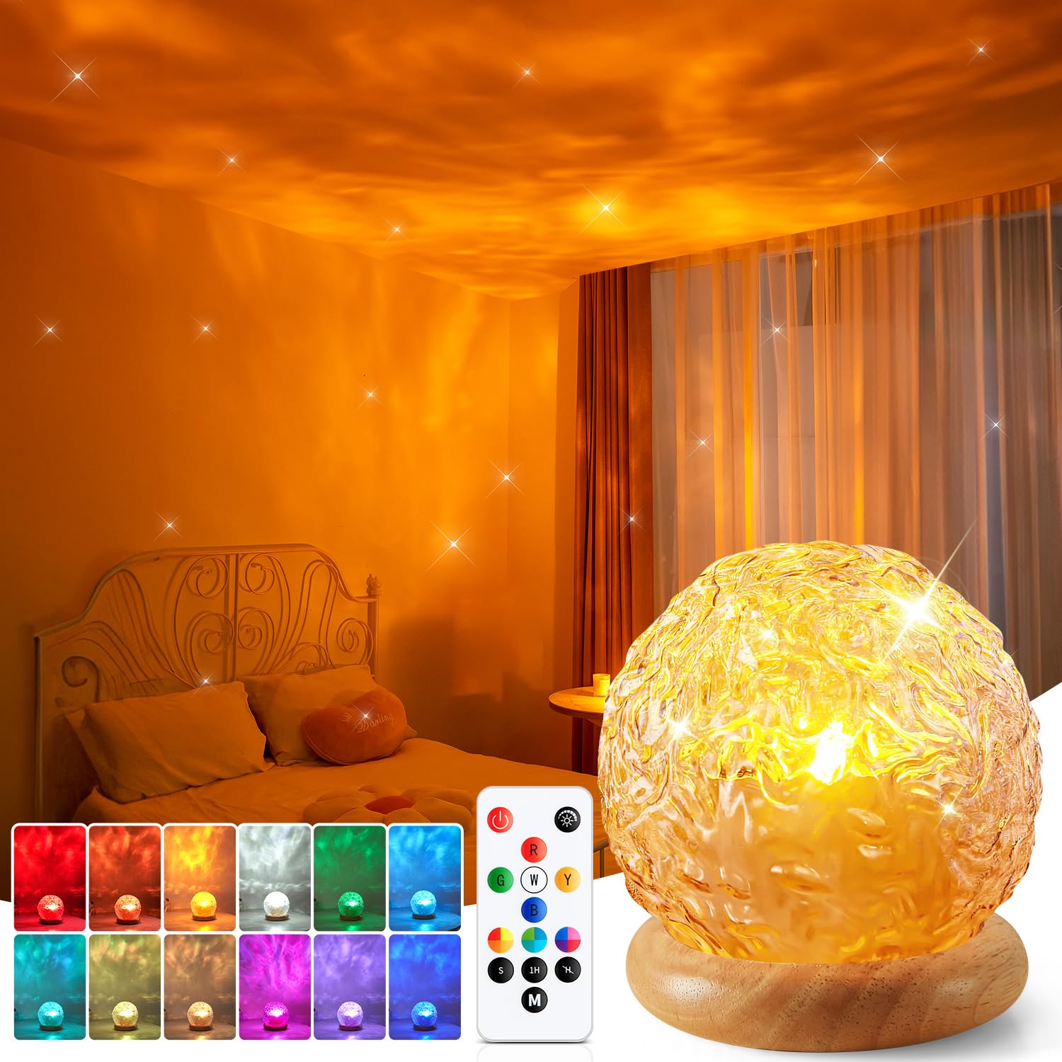 Mubarek ambient lighting with crystal globe and wooden base for calming room ambiance.
