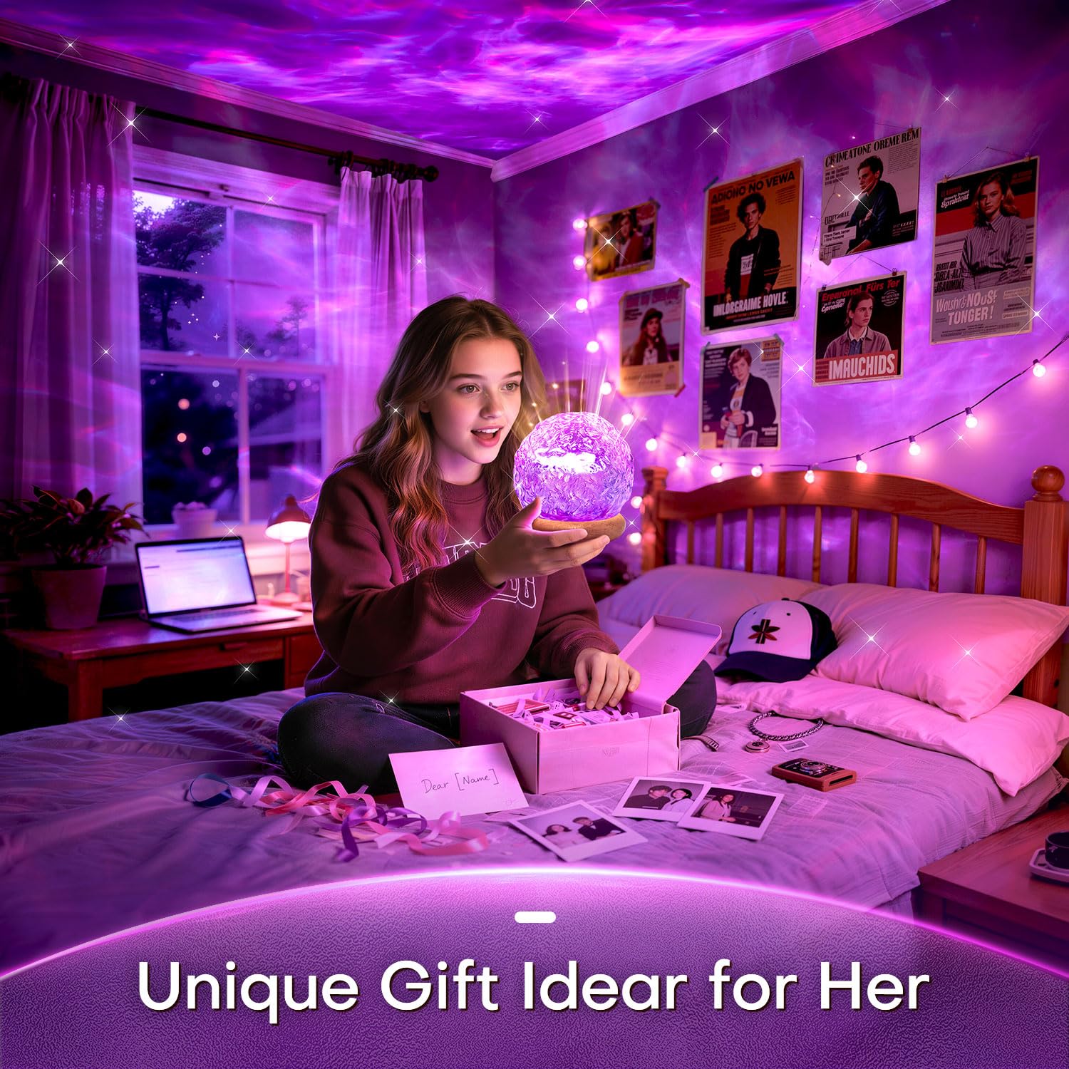 Mubarek remote control and timer simplify choosing scenes and automatic shutoff.