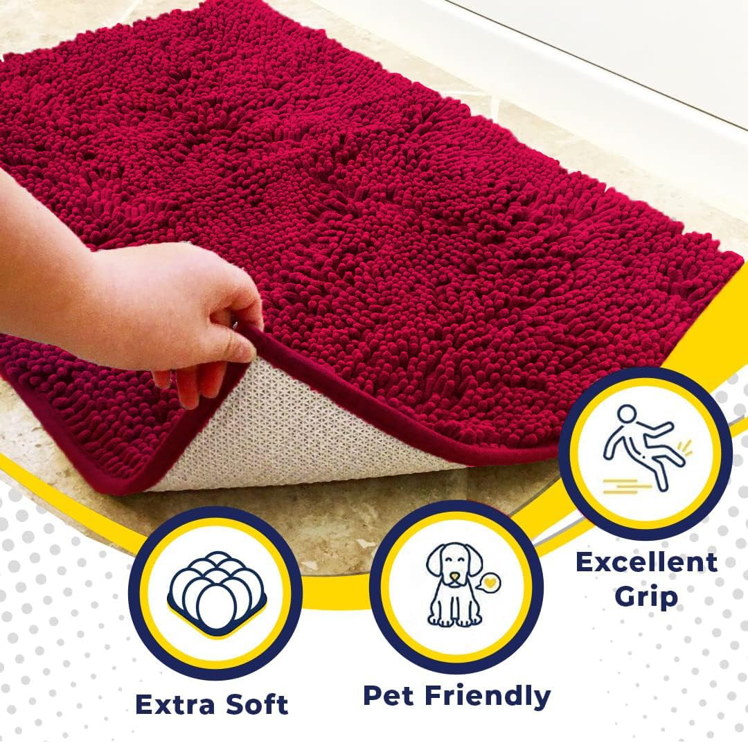 Muddy Mat plush chenille surface feels soft underfoot and wipes paws.