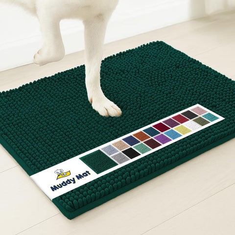 Muddy Mat ultra-absorbent door mat with chenille fibers traps moisture at the doorway.