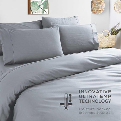 Queen sheet set includes flat sheet, fitted sheet, and four pillowcases.