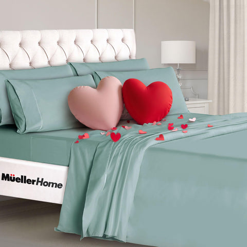 Mueller Home Ultratemp light teal bedding adds modern hotel-like vibe.