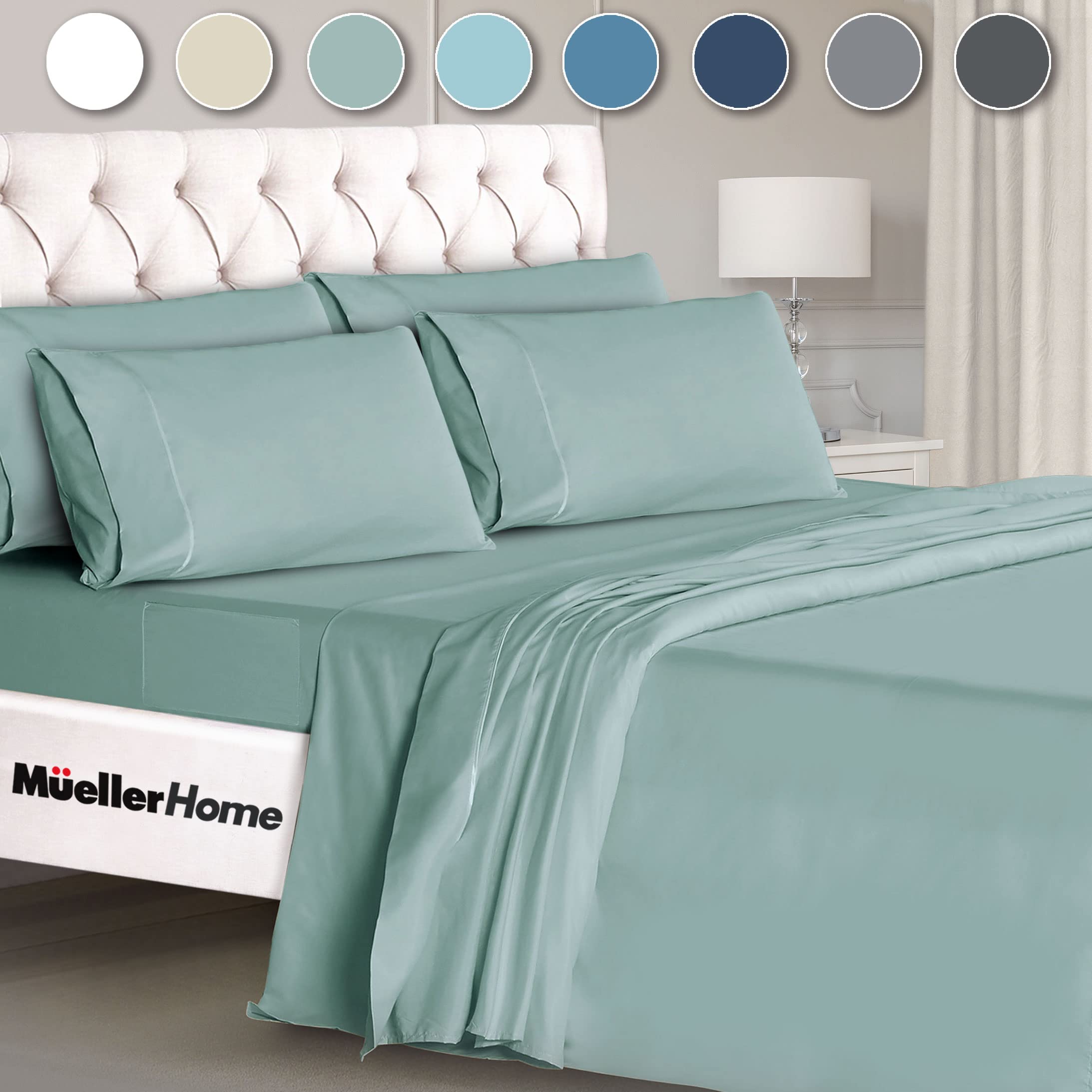 Mueller Home Ultratemp packaging highlights luxury sheets ready for easy care.