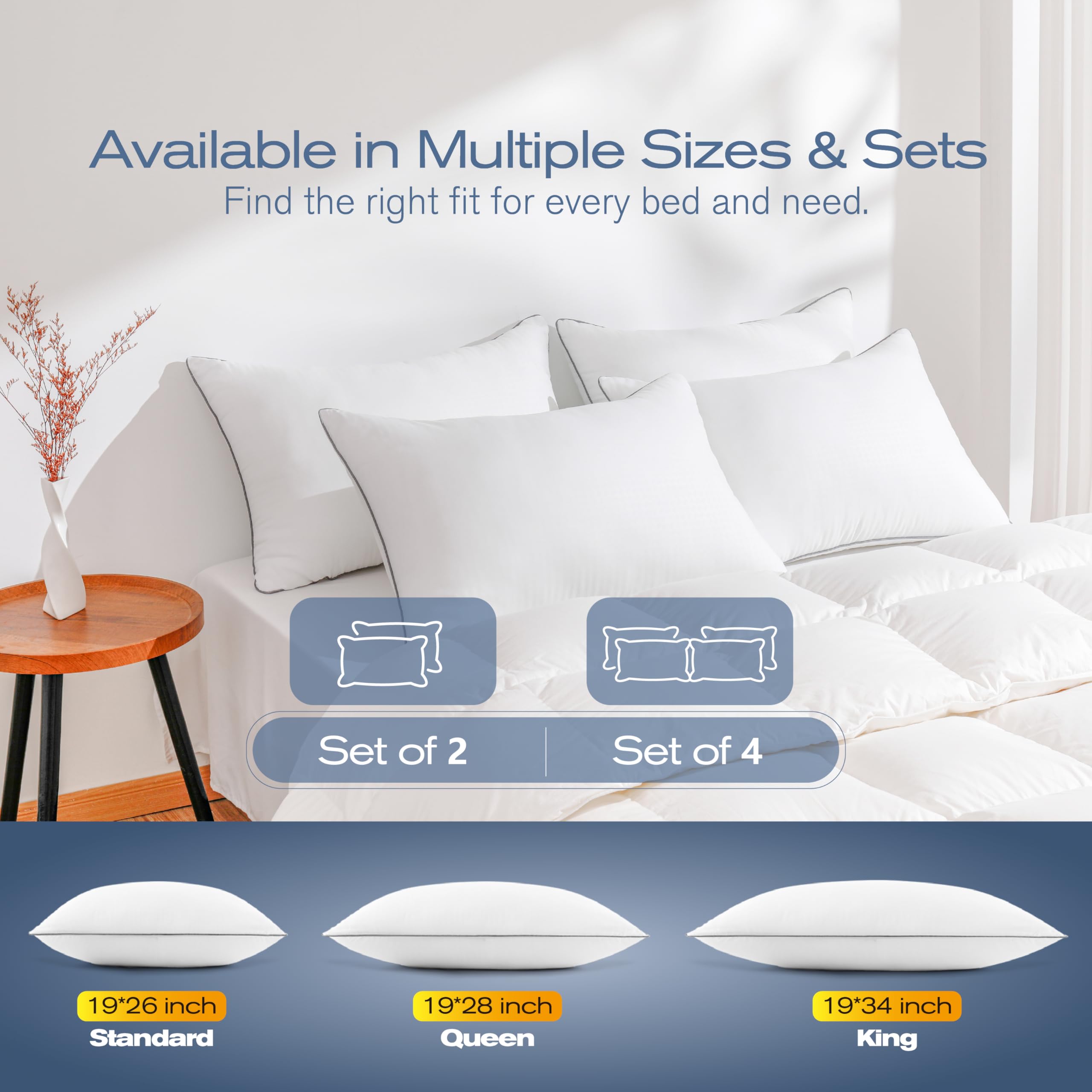 MUFEW pillows in a bedroom shot illustrate hotel-quality comfort at home.