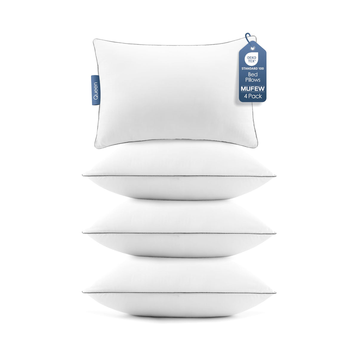MUFEW Queen Pillows 4-pack front view showing plush, cloud-like support for back, side, and stomach sleepers