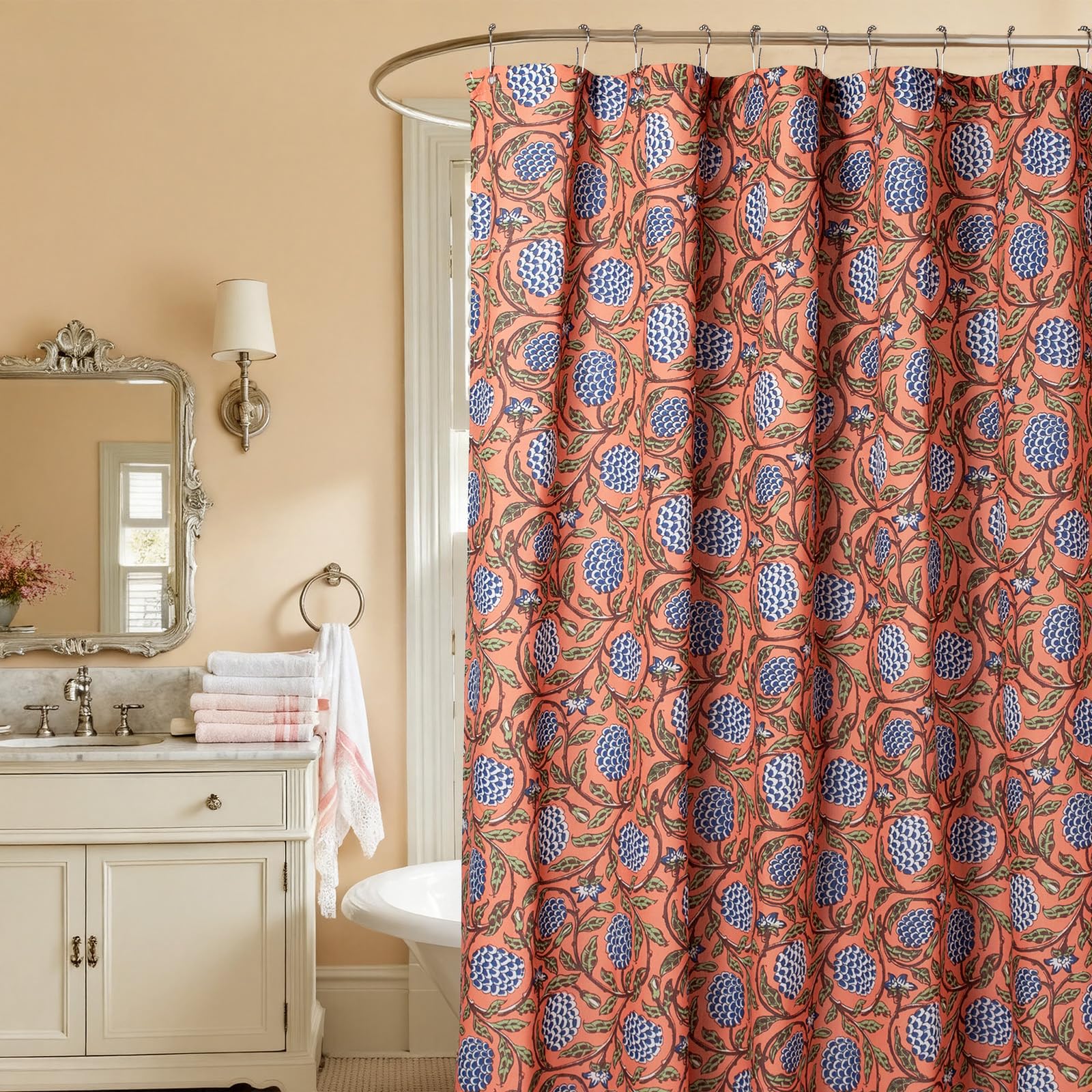 MUGINYU boho burnt orange floral curtain full view adds cozy rustic farmhouse charm.