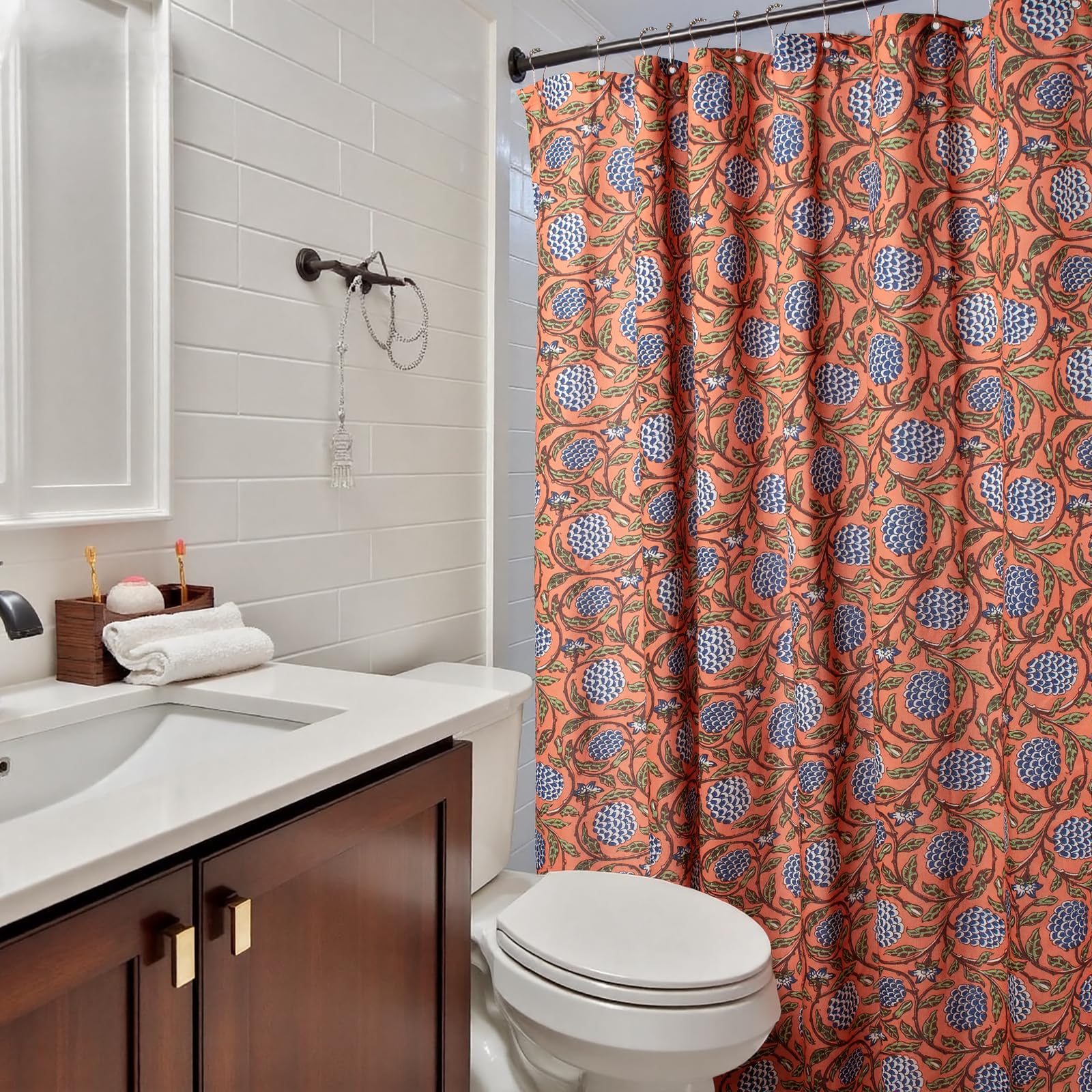 MUGINYU burnt orange floral curtain fabric closeup shows soft cotton blend texture for comfort.