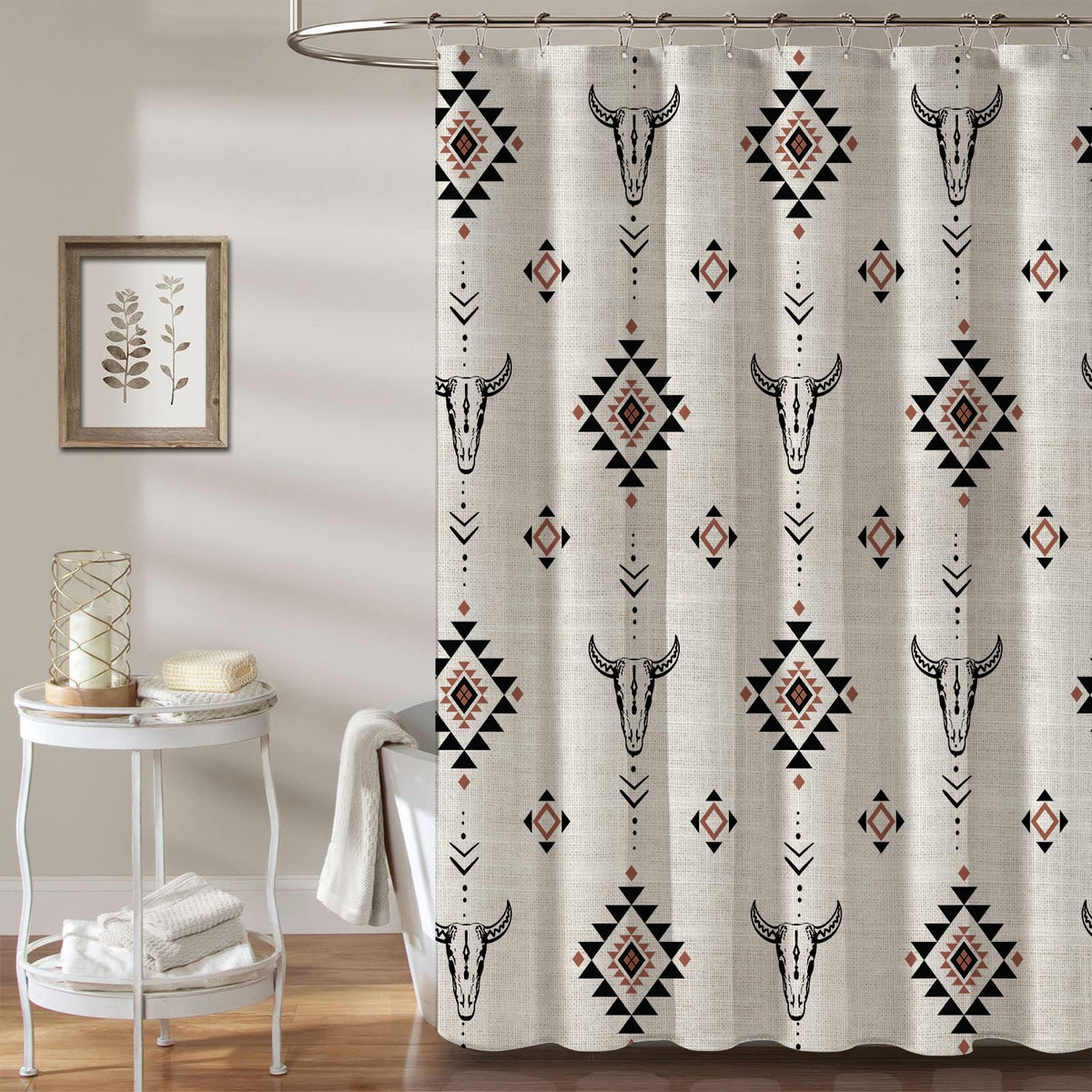 MUGINYU Western Aztec bull skull motif curtain enhances bathroom aesthetics.
