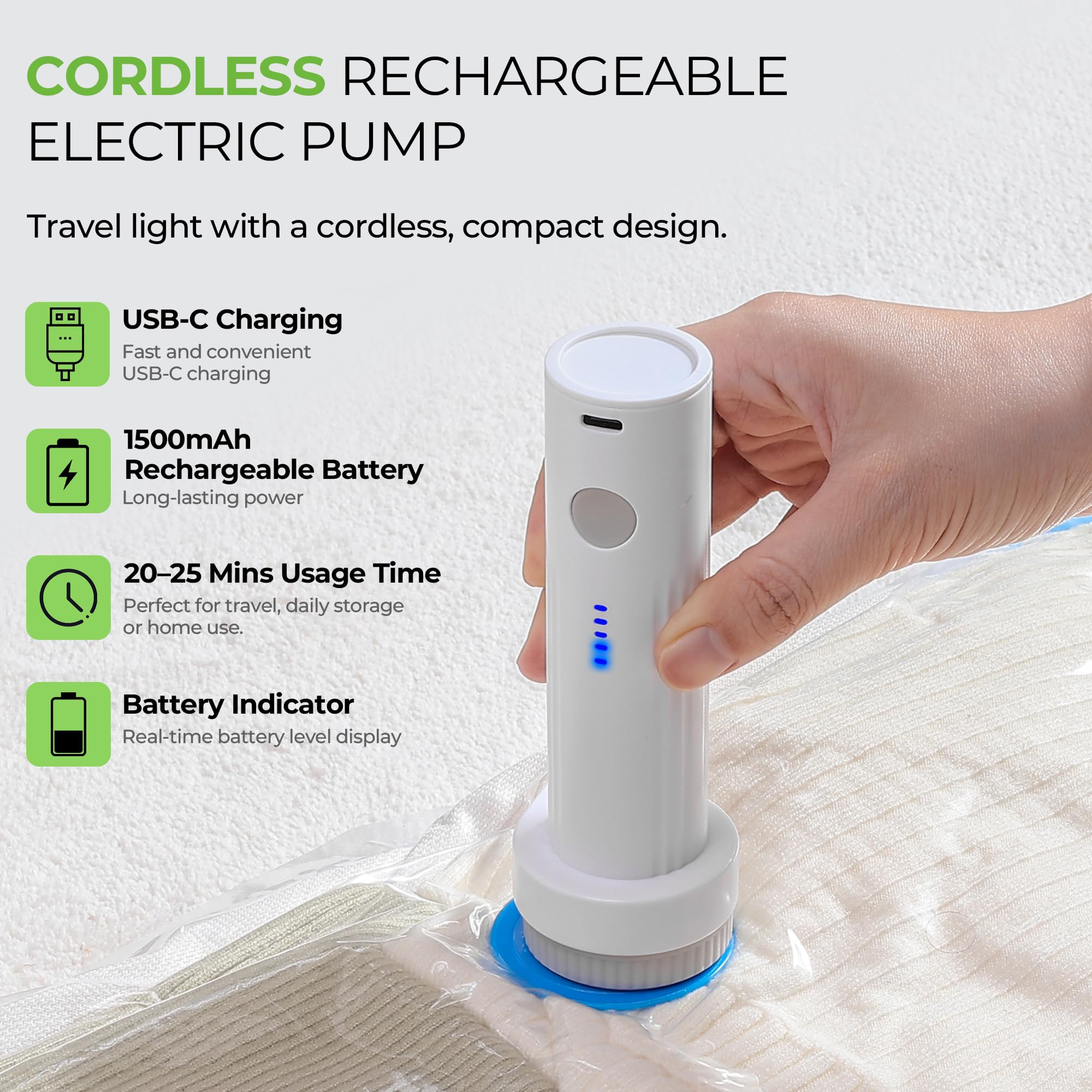 Muimuichu cordless pump with 1500mAh for quick, hands-free packing